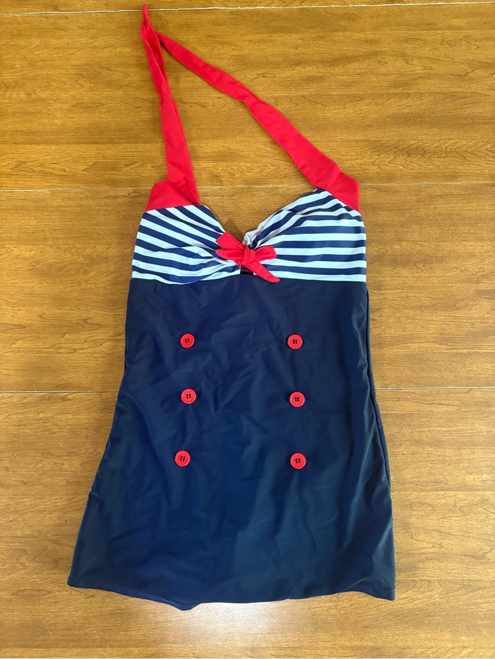 Nautical Navy & Red Halter One-Piece Swimsuit